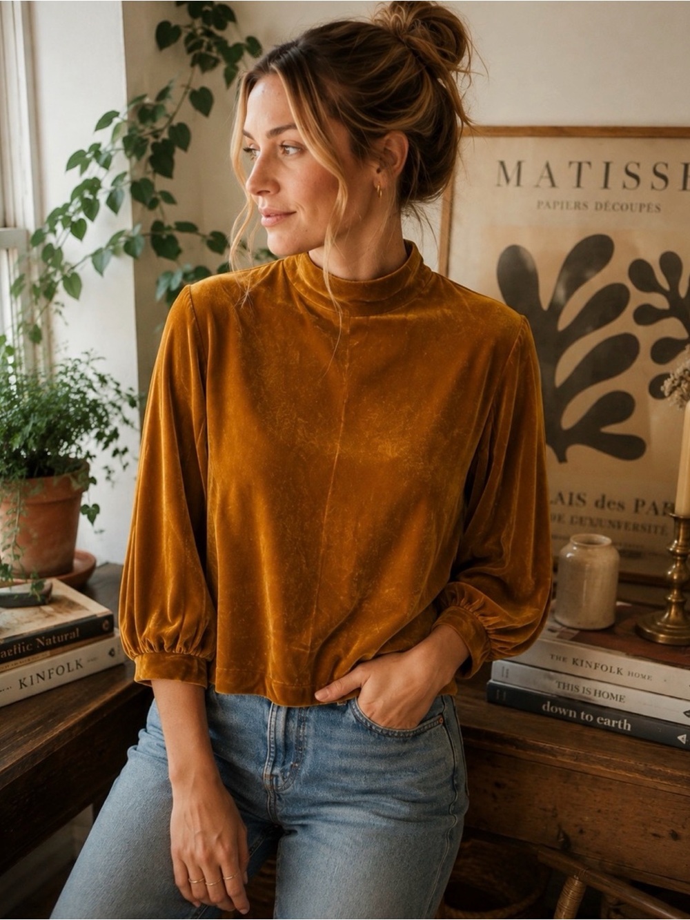 Tomorrowland Japan Silk Velvet Blouse 36 Mustard Gold Mock Neck Balloon Sleeve